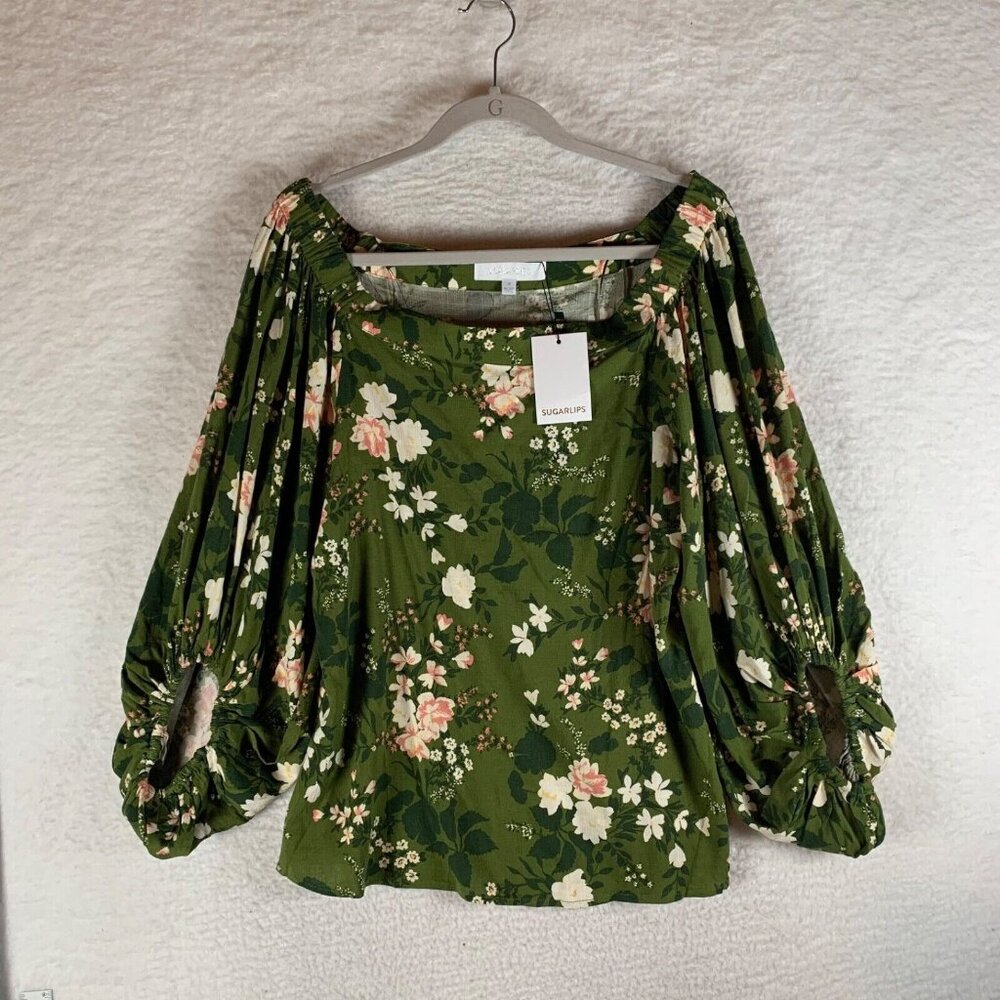 Sugarlips Womens Shiloh Green Floral Off The Shoulder Top Blouse Size M NWT 9739